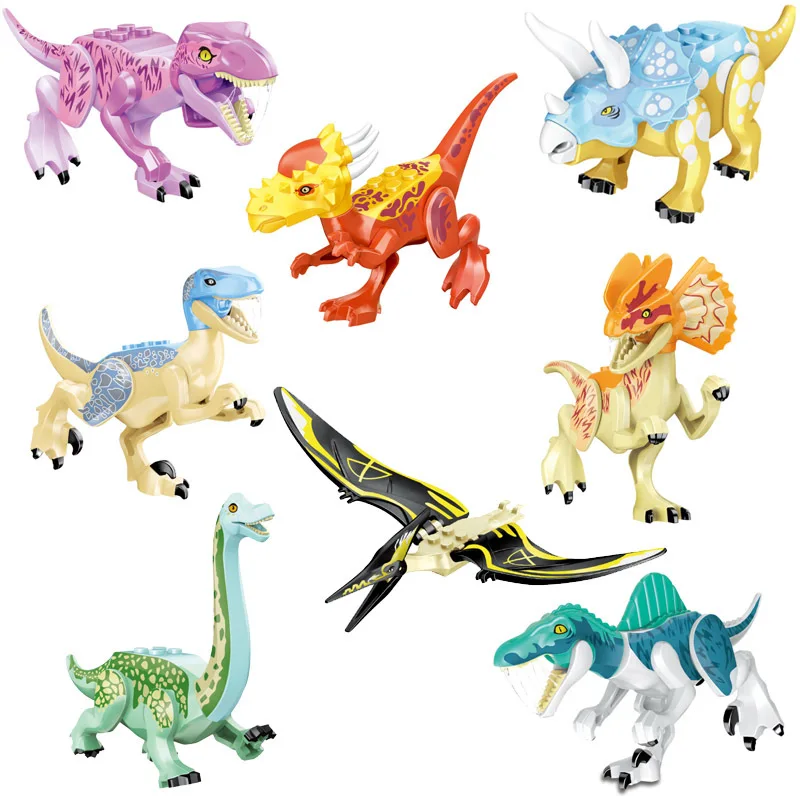 8Pcs Locking Jurassic Dinosaurs Set  Tyrannosaurus Rex Spinosaurus Velociraptor Stegosaurus Building Block For Children