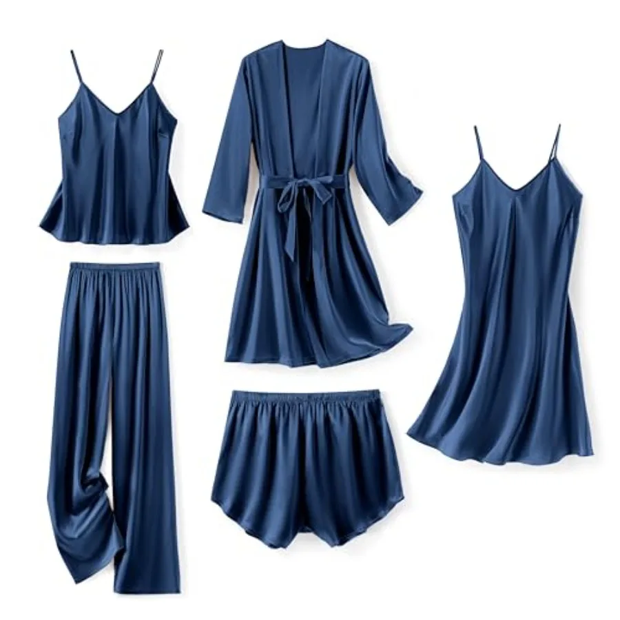 

SAPJON Silk Pajamas for Women 5Pcs Sleepwear Loungewear Satin Robe Cami Shorts Pj Set