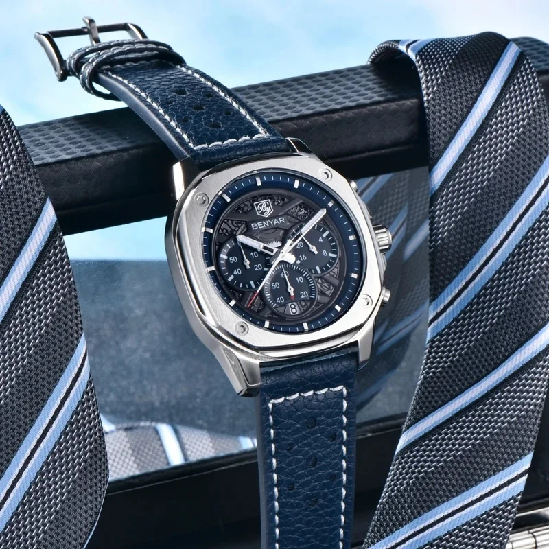 BENYAR 5222 New Retro Sports Men Quartz Watch |   Stainless Steel Strap, Calendar, Luminous Hands, Waterproof, Men's Watch
