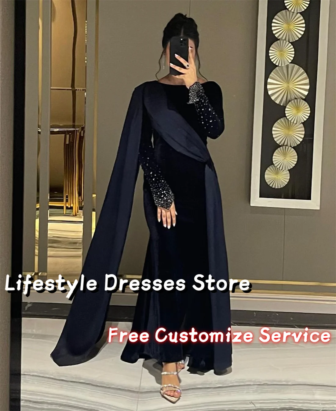 Customized Navy Blue Beads Long Sleeves Evening Dresses With Cape Mermaid Saudi Arabia Prom Gown Wedding Party Dress فساتين سهرة