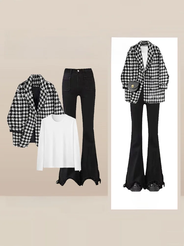 

Женский костюм с брюками-клеш с высокой талией и пиджаком, комплект из двух предметов, в студенческом стиле, утягивающий, зимний, модный, верхняя одежда и брюки