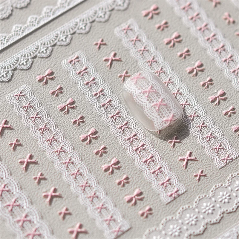 Autocollants pour ongles en dentelle rose et blanche, nœud papillon, cœur d'amour, 5D, design d'art d'ongle, décalcomanies de décoration, manucure bricolage