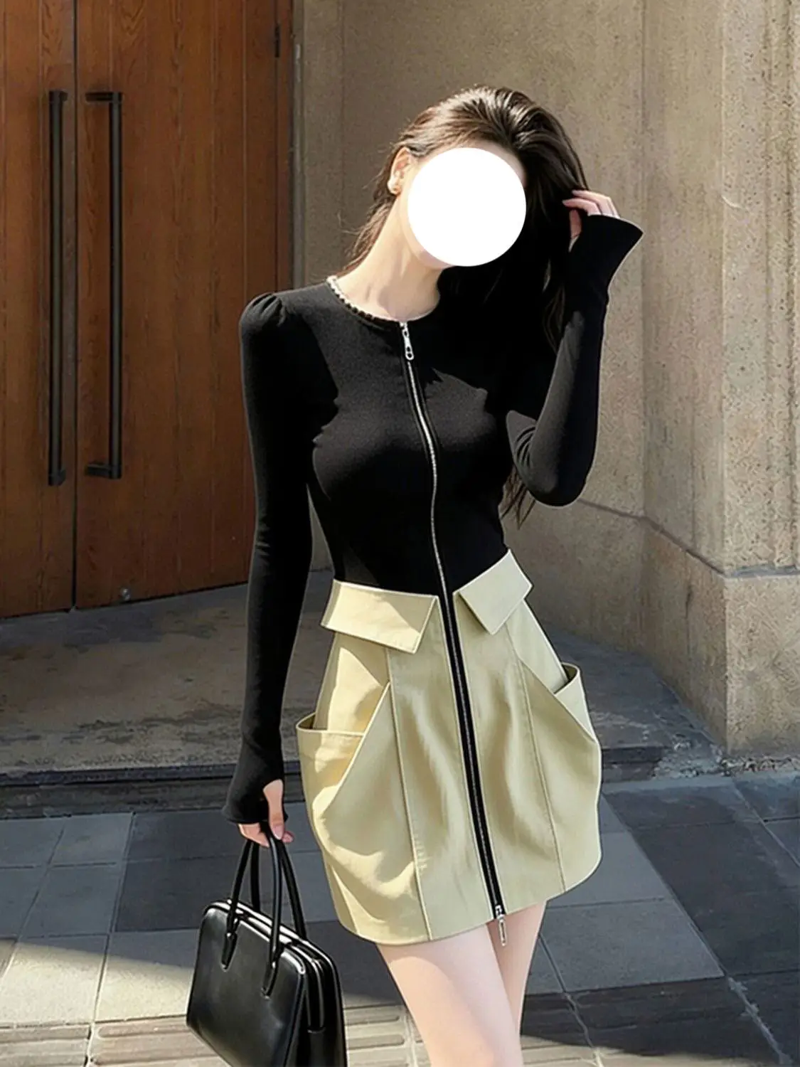 

Ele Spring Season High Socie Ladylike Godd Sle Dr Patchwork Long Sve High Waist Faionable Tee Piece Set