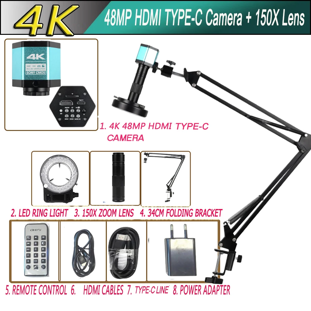 Imagem -05 - Microscópio Digital Conjunto Completo Câmera Industrial Eletrônica Solda de Ampliação Lente 150x tipo c Usb Hdmi Vga 4k 48mp