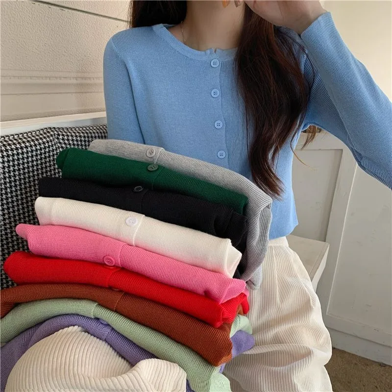 Sexy Crop Cardigan Women Autumn Long Sleeve Single Breasted Solid Simple All-match Leisure Office Lady Slim Korean Style Chic