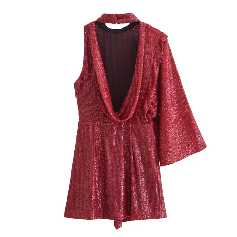 Minivestido rojo de fiesta de Navidad para mujer, ropa de invierno con lentejuelas y cuello en V, diseño de temperamento, novedad de 2024