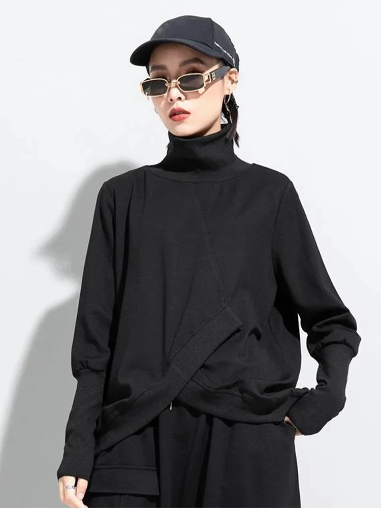 Amaxl UluE European Fashion 2024 Autumn Womens Black Turtleneck Design Tops Ladies Punk Casual Tee Shirts Loose Cotton Clothes