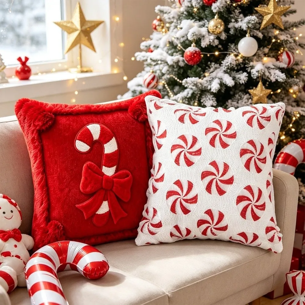 Plush Christmas Pillow Cover Durable 18X18 Inches Throw Pillow Cover Candy Cane Bow Design Soft Comfortable Cushion Cover Winter