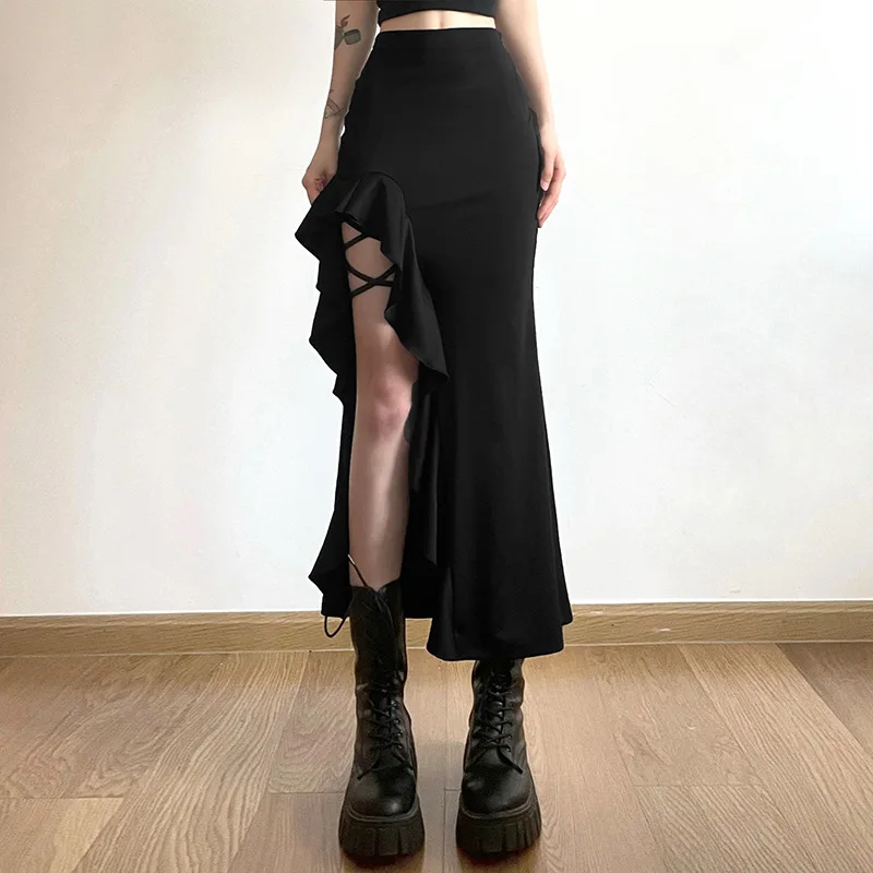 SKMY 2026 Summer New Women's Fashion Sexy High Waist Bag Hip Strap Lace-Up Ruffles Patchwork Split Irregular Skirts Clubwear