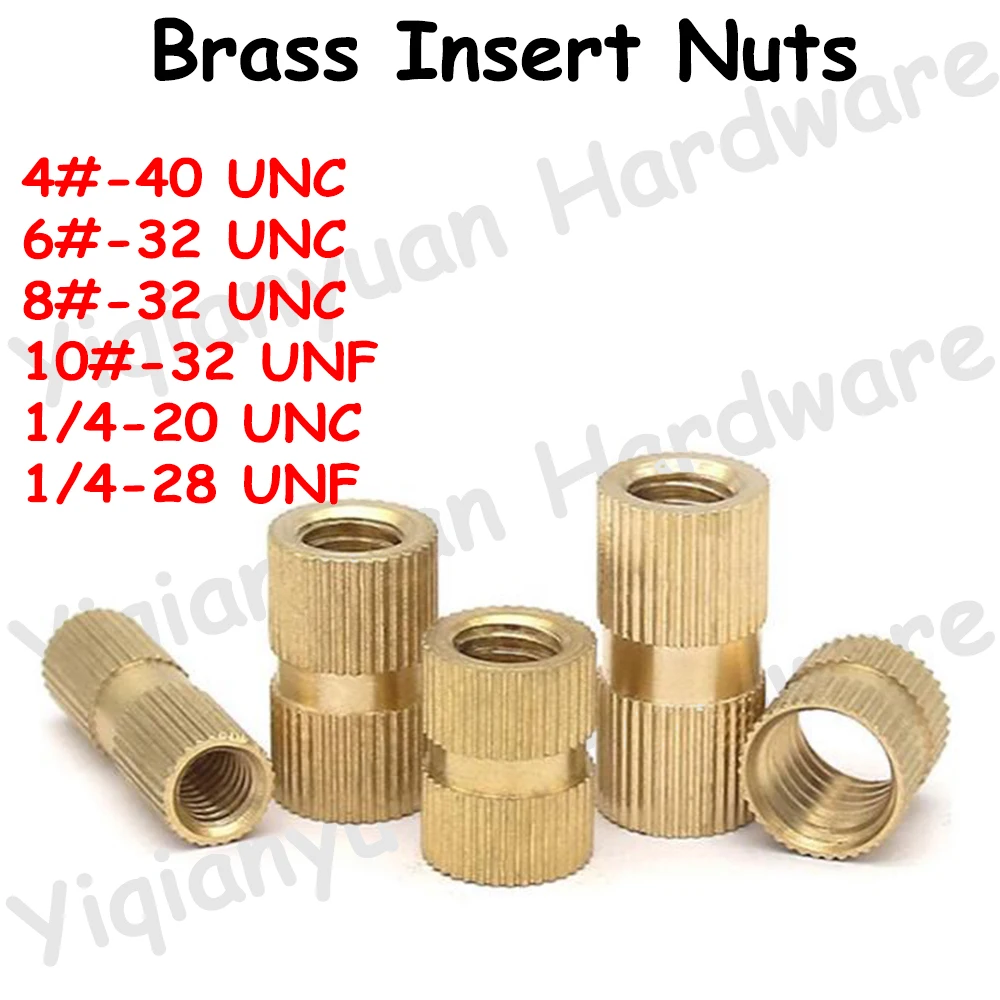 Yiqianyuan 4# 6# 8# 10# 1/4 UNC UNF Brass Hot Melt Knurled Insert Nut Injection Molding Copper Embedded Nutsert Through Hole