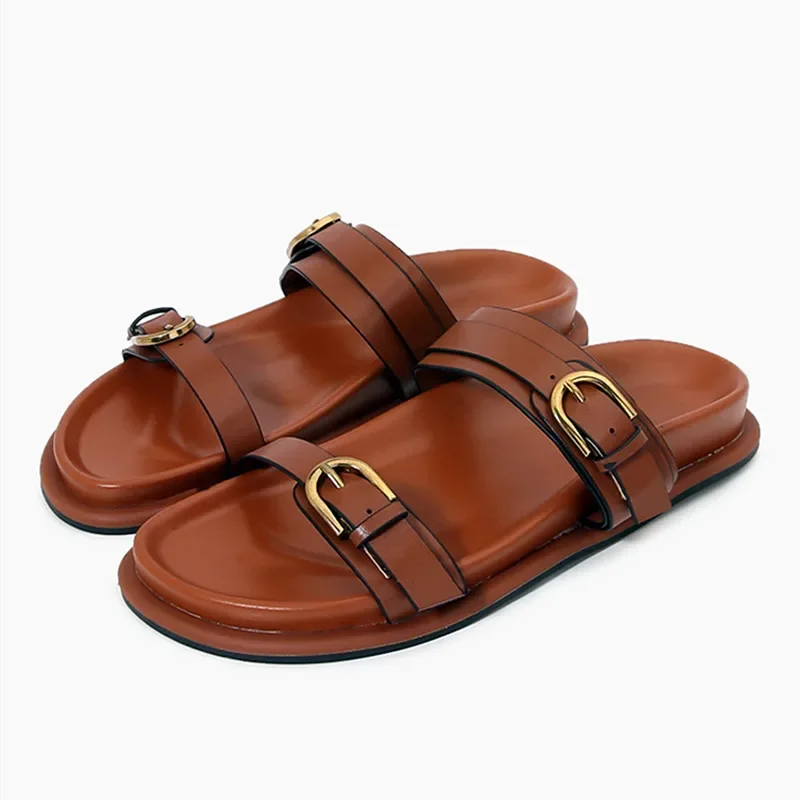 

Fashion Metal Belt Buckle Flat Slippers Women Comfort Brand Designer Sandals Summer Open Toe Beach Casual Flat Shoes Sandalias