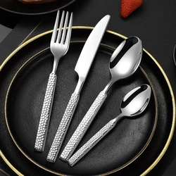 Thicken Stainless Steel Cutlery Set Western Hammered Pattern Spoon Fork Knife Dinnerware Set Tableware Utensils for Kitchen