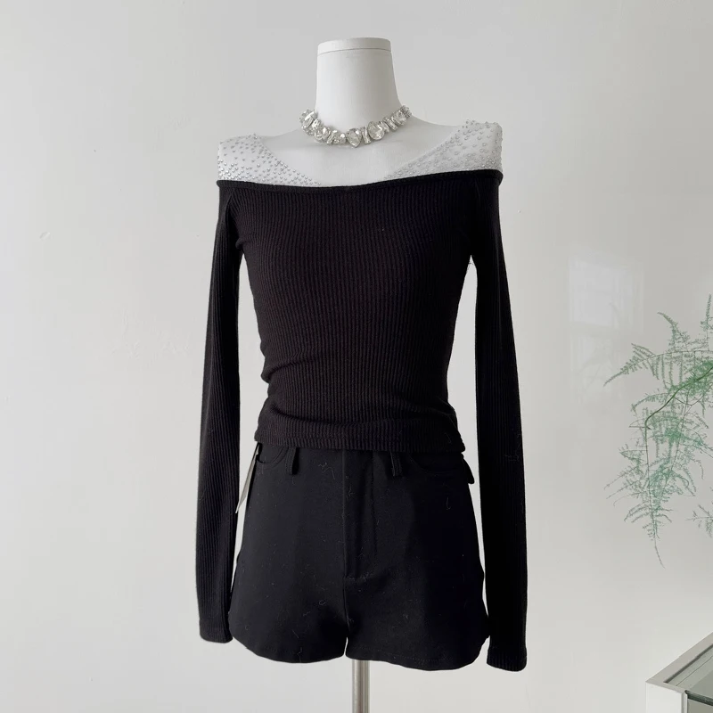 

Fashion Transparent Mesh Patchwork Diamond T-shirts Women Long Sleeve Elegant Party Black Tops Stretch Shirts 2026 New Tees