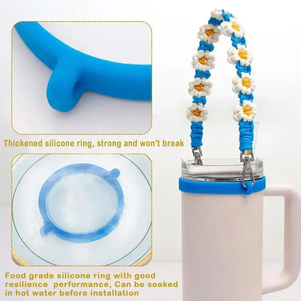 Portable 40oz Water Bottle Strap With Hand-Woven Flower Daisy Thickened Silicone Paracord Coffee Cup Rope For Stanley New