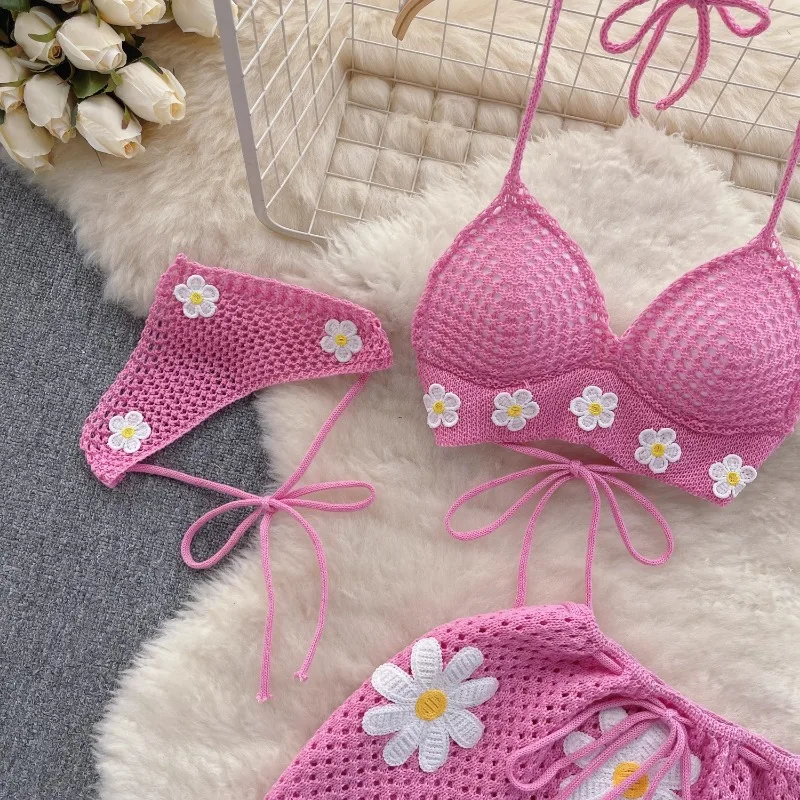 Nepoe Set Bikini renda rajut liburan pantai untuk wanita atasan kamisol seksi musim panas + rok belahan Bodycon pinggang ramping