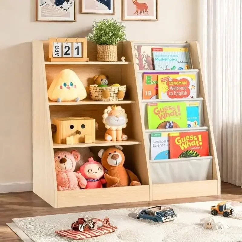 Tier Kids Wooden Bookshelf, Kids Bookshelf with Four Layer Sling Children Bookcase,Book and Toy Storage Organizer, Book Display