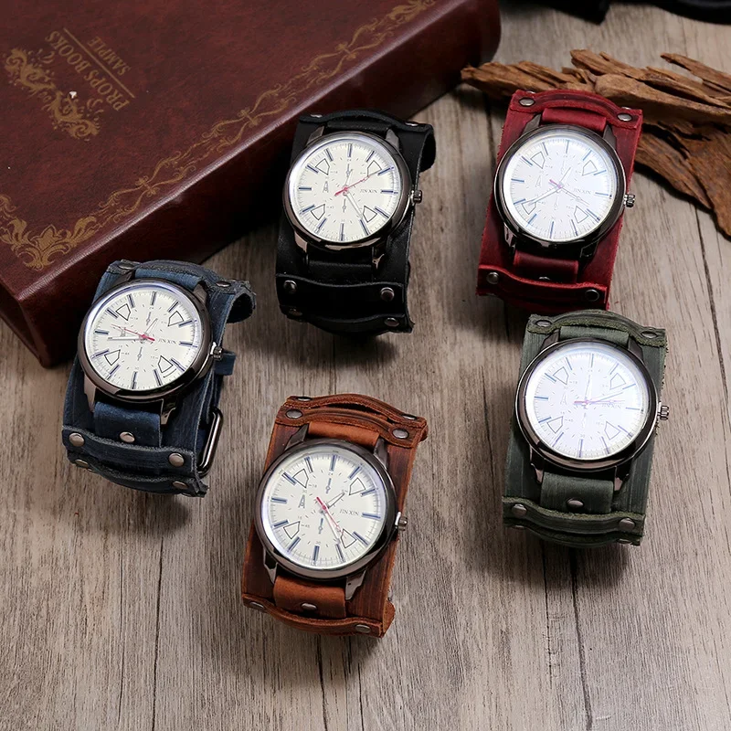 Men Quartz Watches Luxury Male Wristwatch 2024 Cowhide Watchband Punk Style Watch for Men Wide Genuine Leather Bracelets Relogio