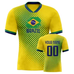 Personalized Brazil Soccer Jersey Custom Name Number Breathable V-Neck Football Team Shirt for Men Women Kids