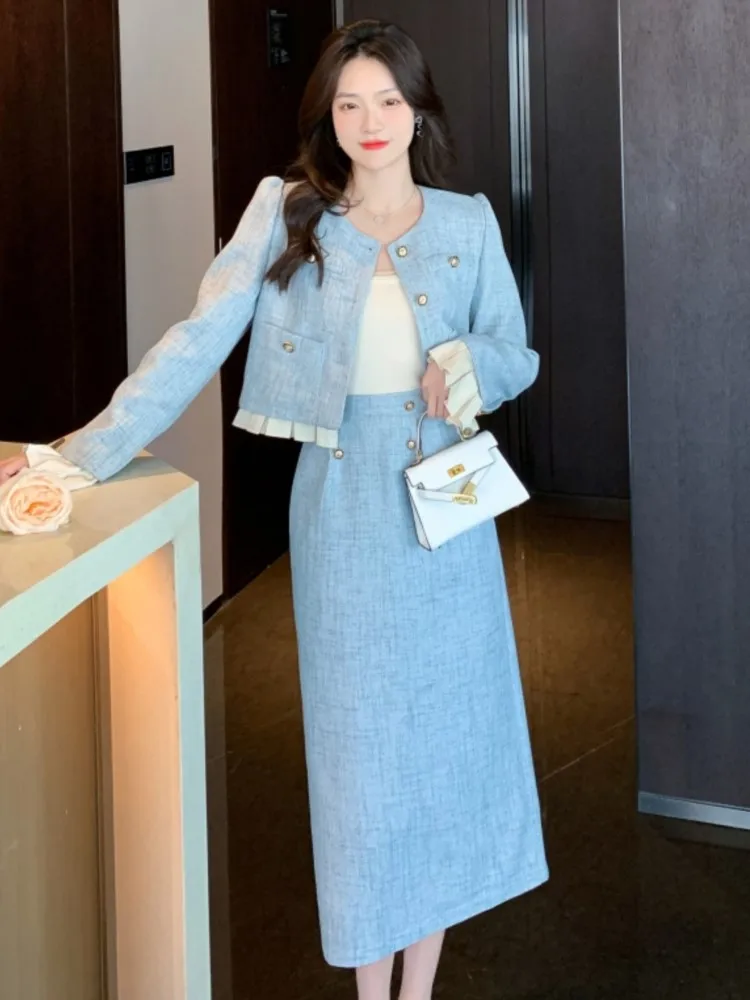 

Fashion Women Blue Suits New Korean Long Sleeve Short Top Casual A-line Blazer Skirts 2 Pieces Set Spring Y2k Female Clothes