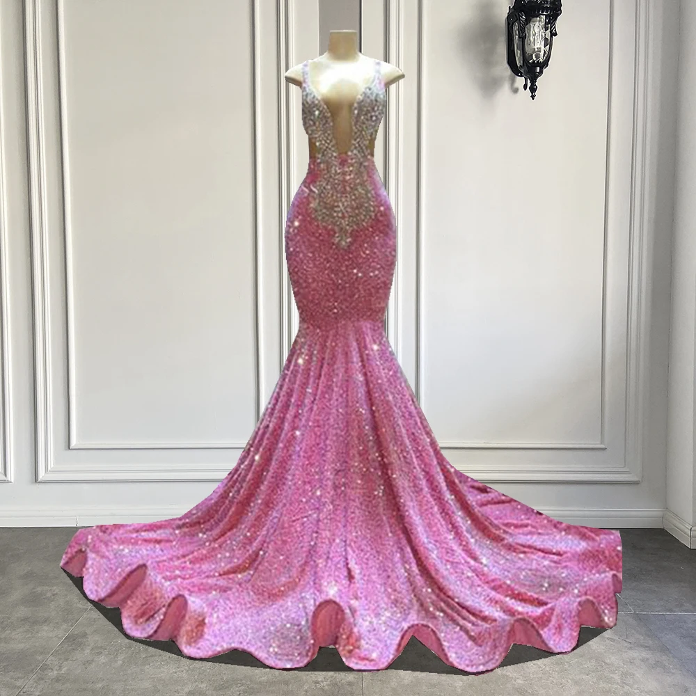 Abiti da ballo lunghi di lusso 2023 Sexy sirena scintillante rosa paillettes nero ragazze cristalli abiti da festa di Gala per compleanno Robe De Soiree