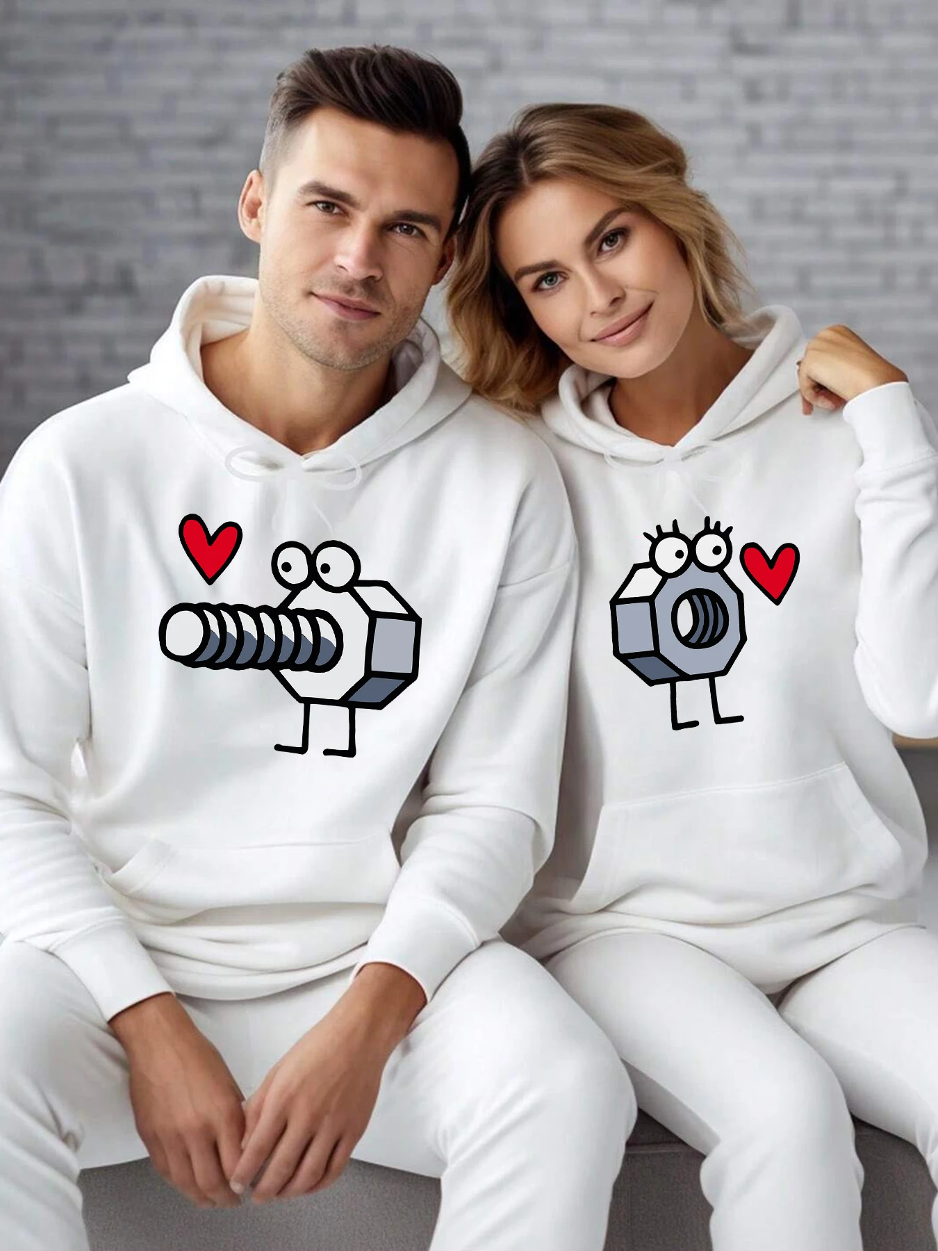 

1PC Love Of Screws And Nuts Couple Hoodies Cartoon Abstract Hoody Fleece fur-liner Hoodie Woman Casual Soft Spring Autumn tops