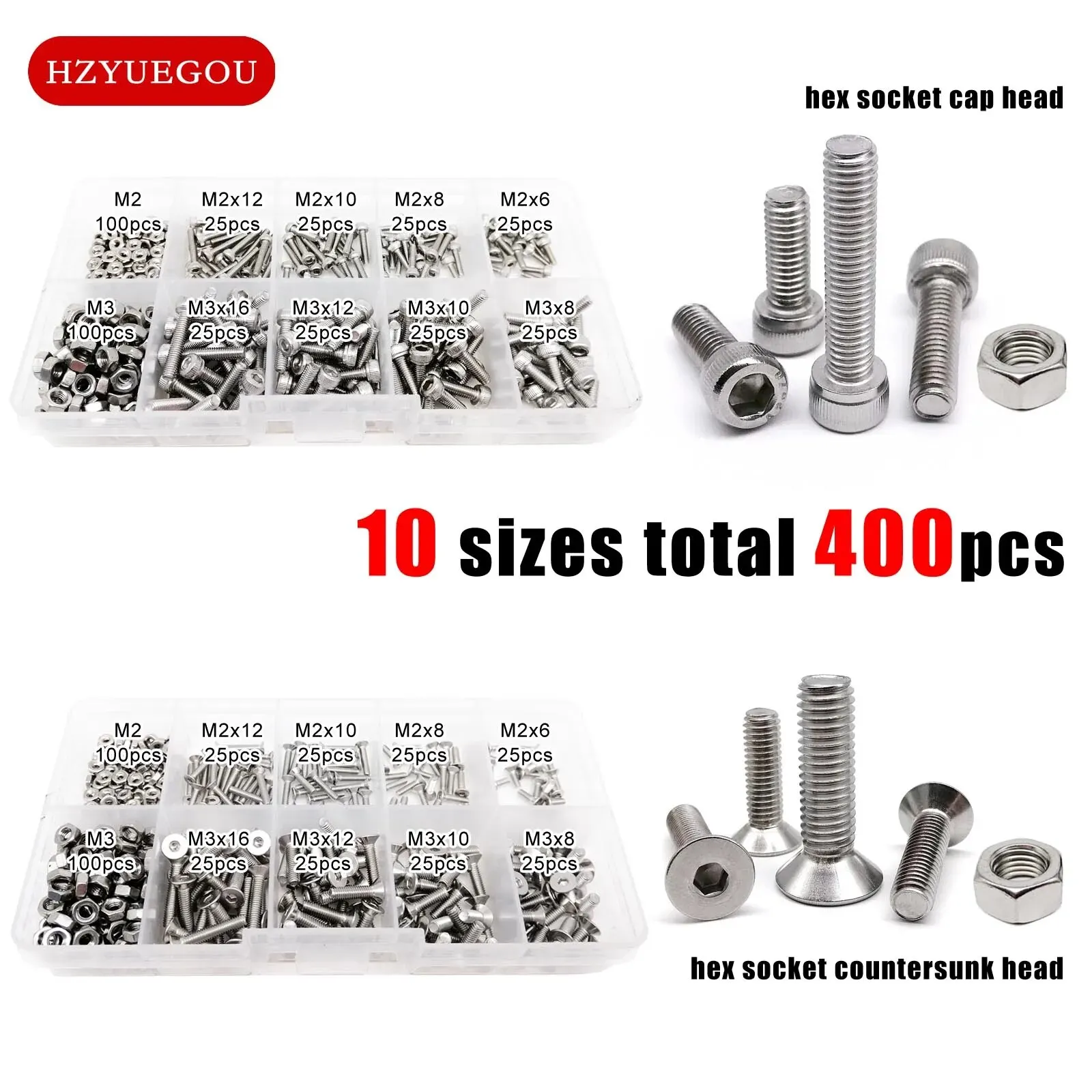 400pcs M2 M3 10 Sizes Allen Hexagon Hex Socket Head Cap Flat Countersunk Screw Bolt Nut Set Mix Kit Box 304 A2 Stainless Steel