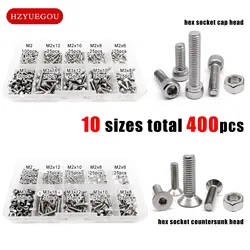 400pcs M2 M3 10 Sizes Allen Hexagon Hex Socket Head Cap Flat Countersunk Screw Bolt Nut Set Mix Kit Box 304 A2 Stainless Steel