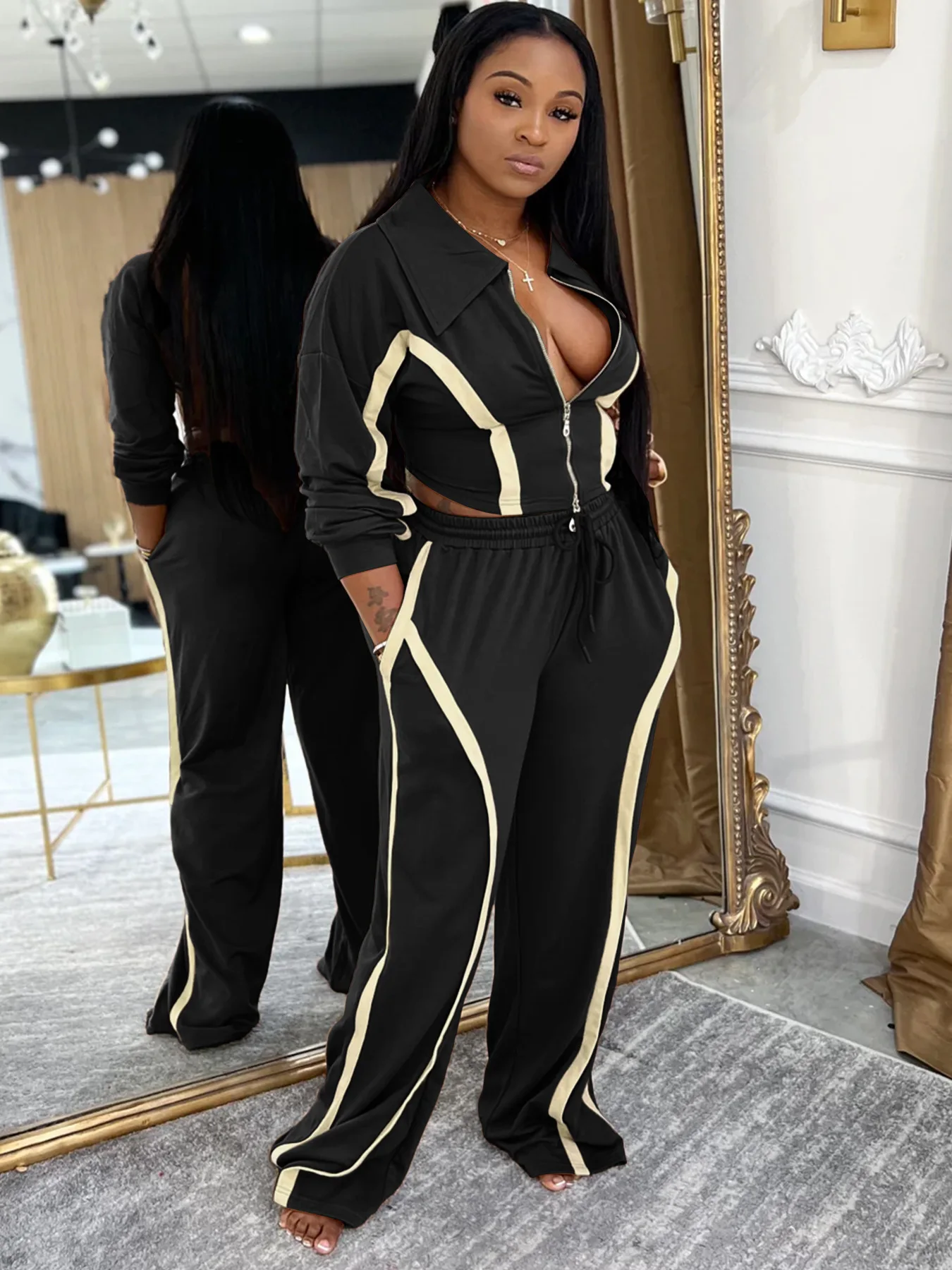 طقم رياضي نسائي موضة مخطط كتلة الألوان سترة قصيرة وسراويل واسعة الساق طقم مكون من قطعتين ملابس رياضية نسائية طقم ركض