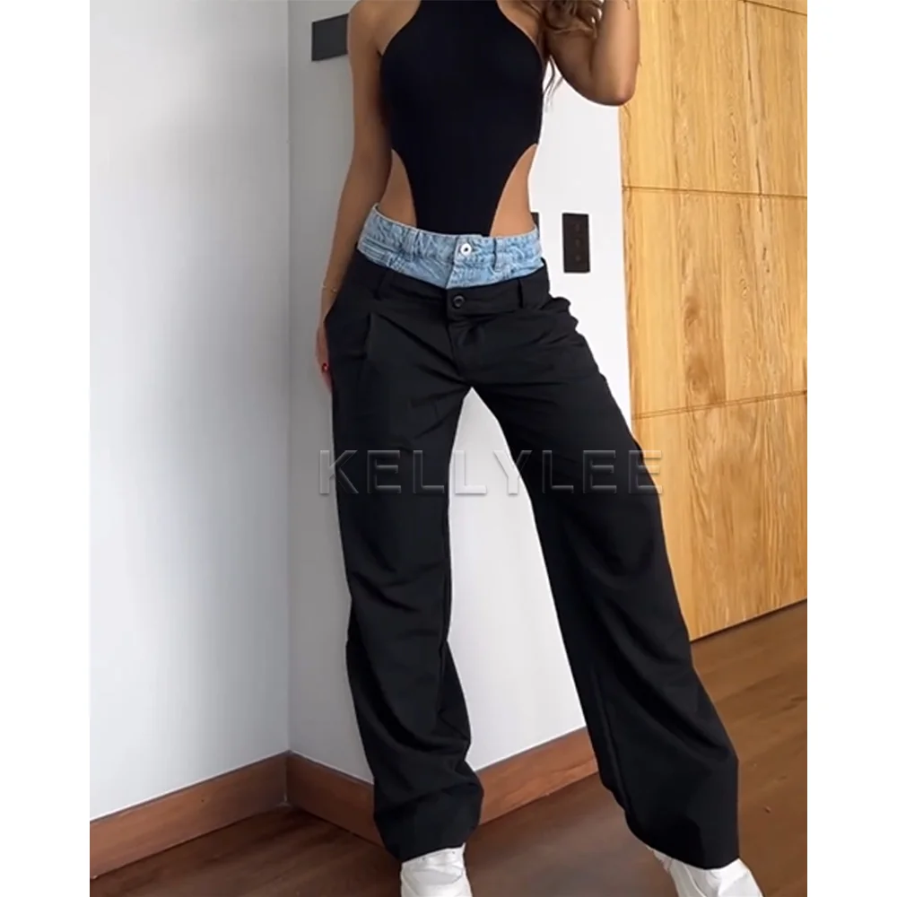 Autumn Stylish Patchwork Loose Long Pants Unique Retro Baggy Pantalones Fall Clothes 2024 Women's Suit Pants New Y2k Streetwear