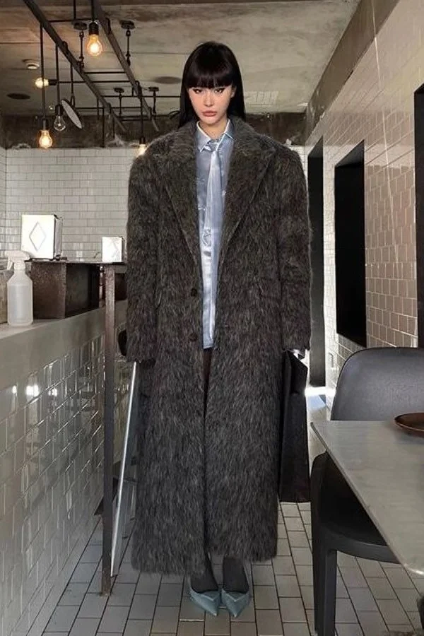 

Women's Wool Coat 2025 British Style Long Trench Coat Gray Loose Fit Oversized Tweed Jacket Casual Outerwear