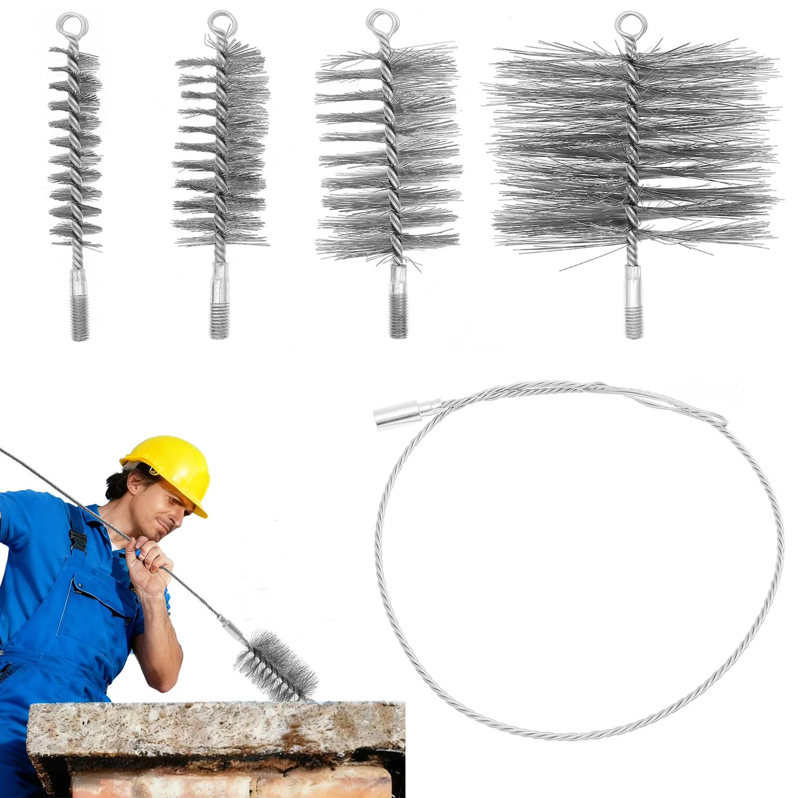 5pcs Steel Stove Brush Set Burning Stove Pipe Cleaning Brush Chimney Cleaning Wire Brush with 39in Flexible Rods
