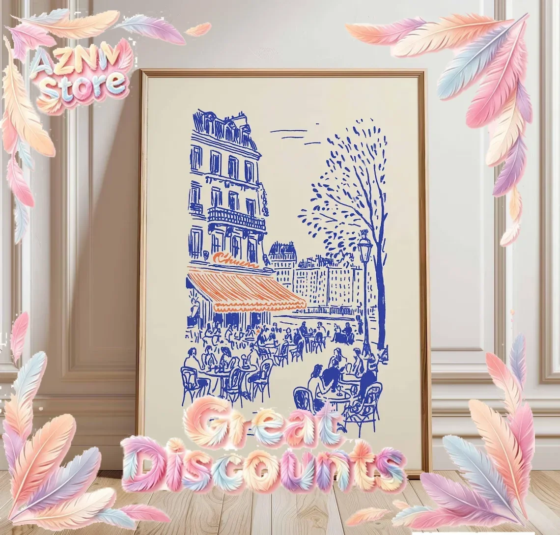 Paris Café Line Art Poster Print, French Bistro Wall Art, Minimalist Paris Sketch Decor, European Coffee Shop Illustration