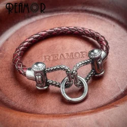 REAMOR Vintage Fixing Steel Wire Genuine Leather Cuff Bangles 316l Stainless Steel Rope Link Bracelet For Men Jewelry