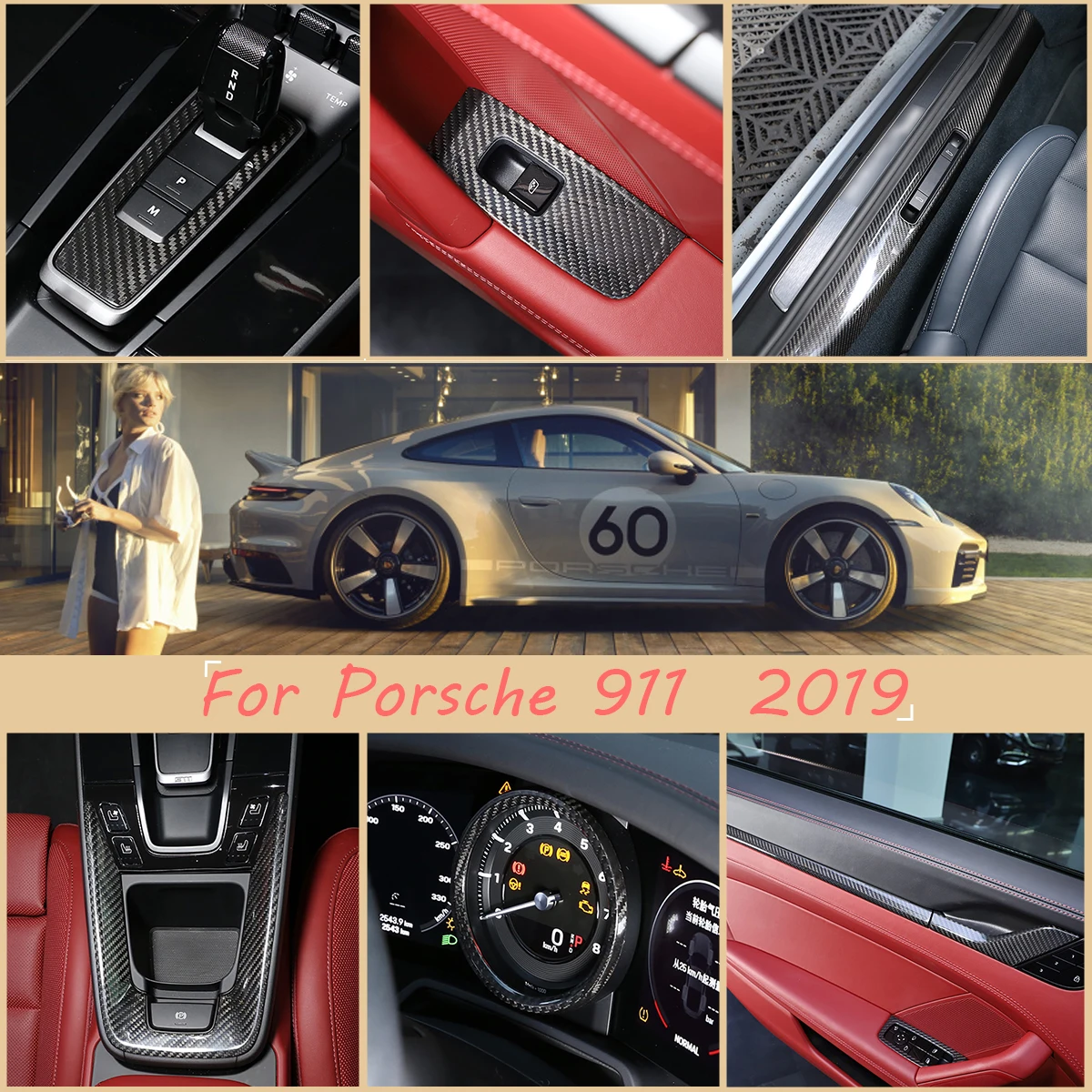 

For Porsche 911 992 2019-2022 Real Carbon Fiber Inner Door Central Control Gear Panel Cover Door Sill Trim Stickers Accessories