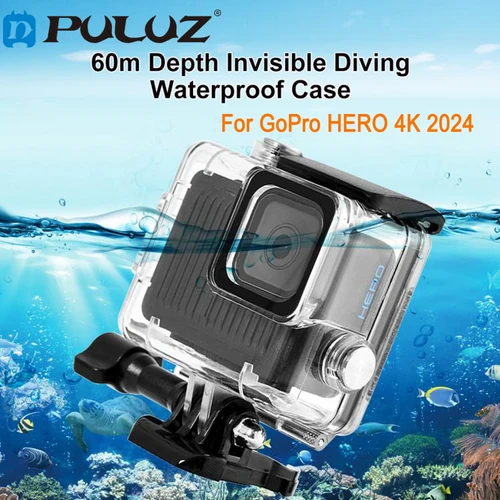 PULUZ 60m/196ft funda protectora subacuática para buceo GoPro HERO 4K 2024 cubierta de carcasa y hebilla montaje básico y tornillo