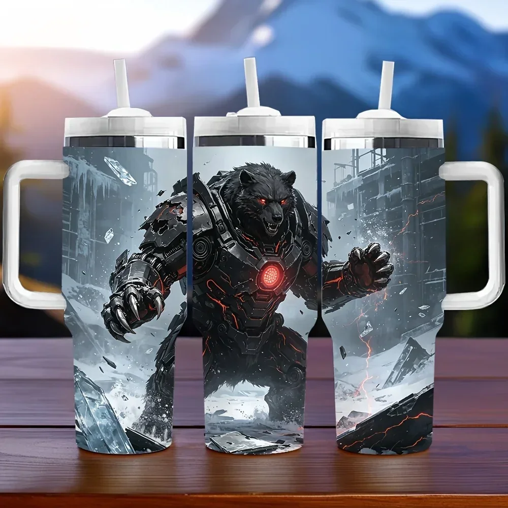 40oz Insulated Tumbler with Handle, Featuring Cool Futuristic Mechanical Bear Print, Provides Long Lasting Temperature Retention, Perfect as Holiday and Birthday Gift, Suitable for Daily Use and Outdoor Trips