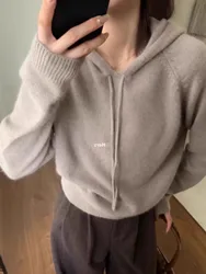 High-grade grey hooded pure cashmere knitwear women's spring and autumn lazy loose short sweater wool over a hoodie