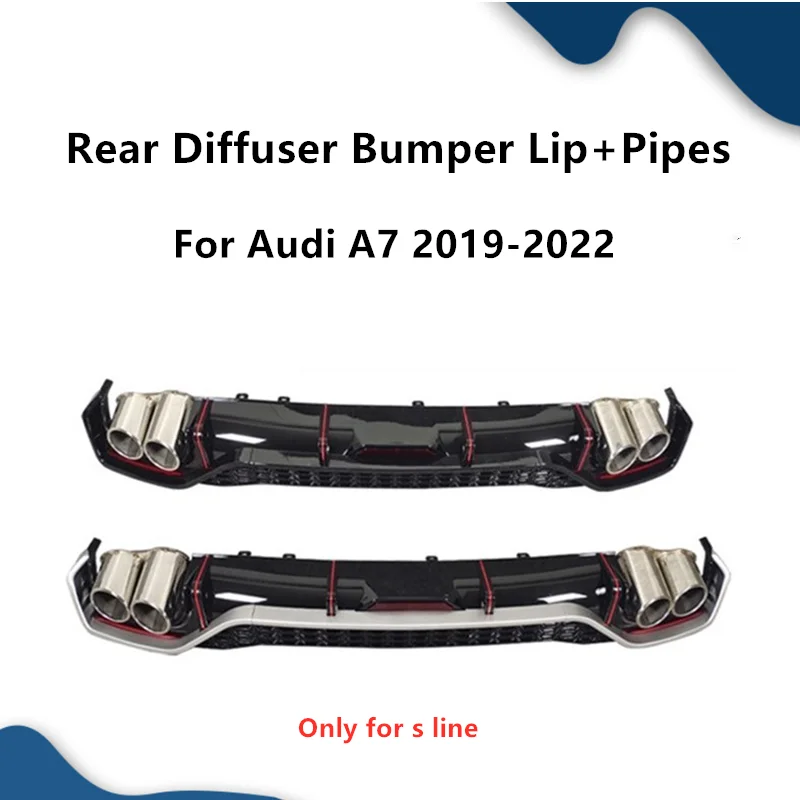 

Black Diffuser Car Rear Bumper Lip For Audi A7 S Line 2019 2020 2021 2022 upgrade RS7-R Style Diffuse with Pipes Tip Accessories