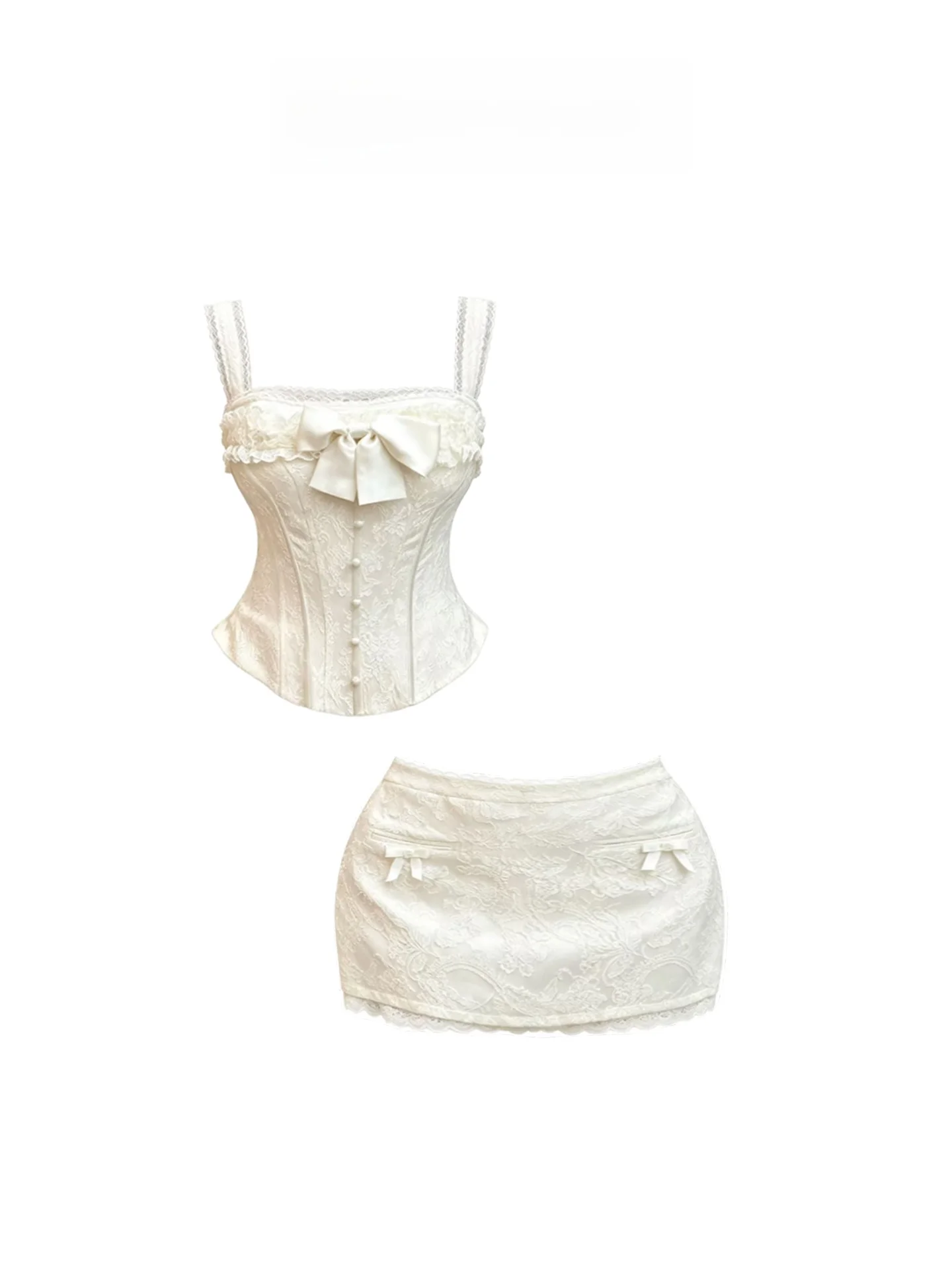 

HEZA Sweet Heavyweight Lace Knot Strap Women's Summer Waist Cinched Bodycon Short Skirt Set Casual Commute Style