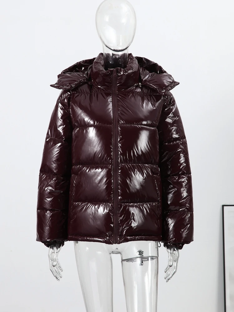 Kurze Glänzende Kapuzenjacke für Damen, Street-Style Stehkragen, Laternenärmel, Lose Passform, Modische Damenjacken, Neue Oberbekleidung – Detail 6