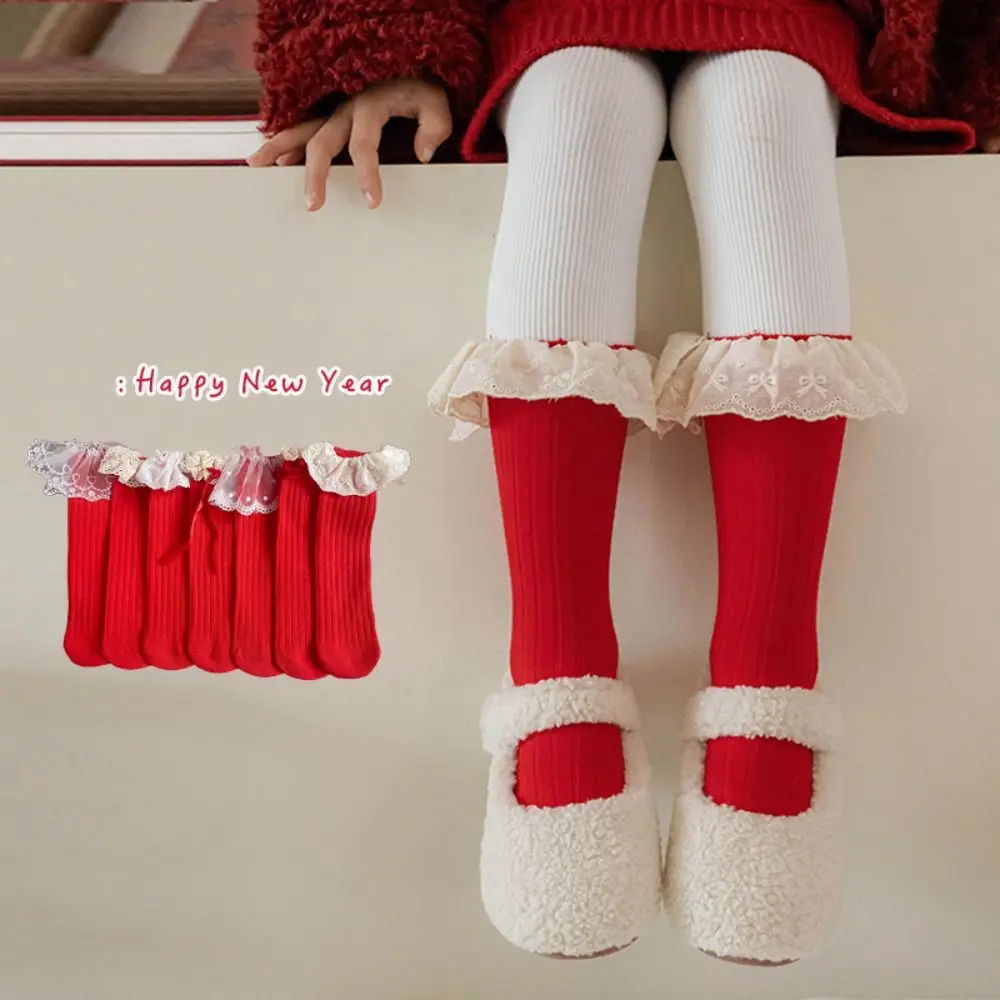 

Casual Female Hosiery New Year Red Socks Cotton Lace Children Red Socks Bow Middle Tube Socks Autumn