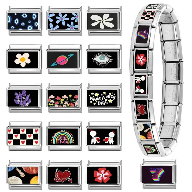 Wholesale 1pc Colorful Flowers Black Background Series Italian Link Fit 9mm Bracelet Making DIY Stainless Steel Charm Jewelry