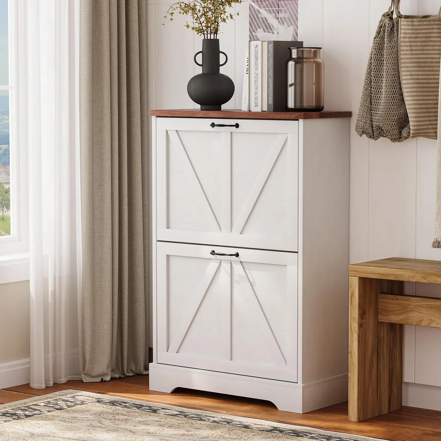 Bauernhaus-Schuhschrank mit 2 Schubladen, rustikaler, schmaler Eingangsbereich-Organizer, weißer Scheunentür-Stil