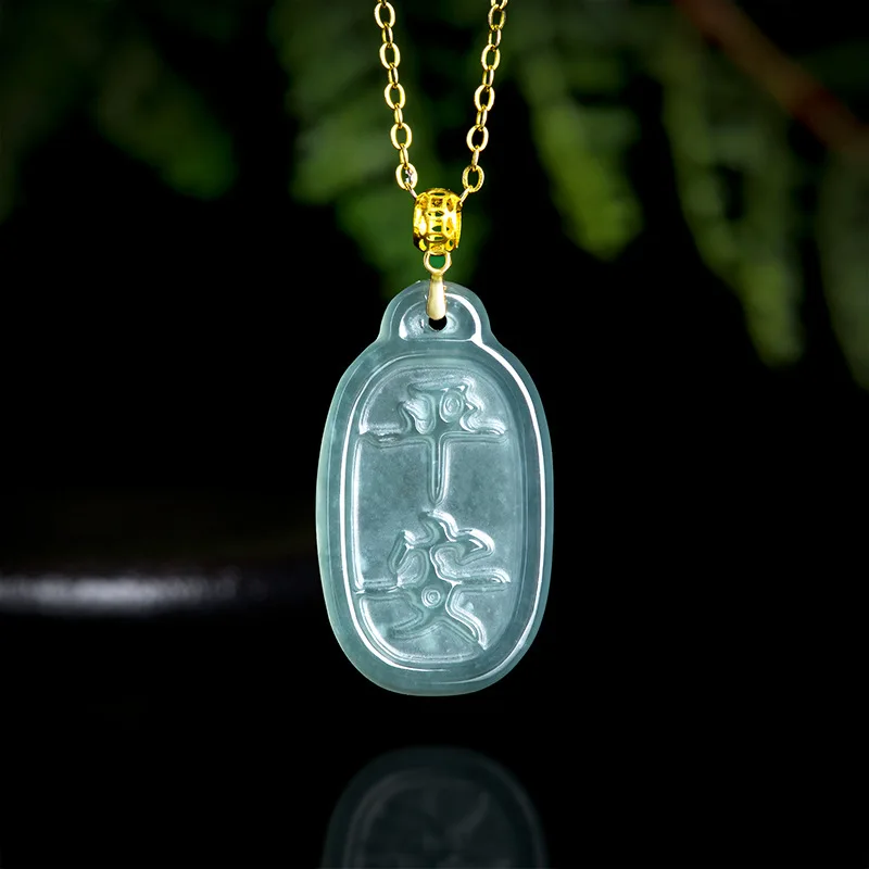 

Handmade Natural A-grade Hetian Jade Blue-Green Ping An Oval Cabochon Pendant18K Gold Inlaid Ice Jade Necklace for WomenLuxu
