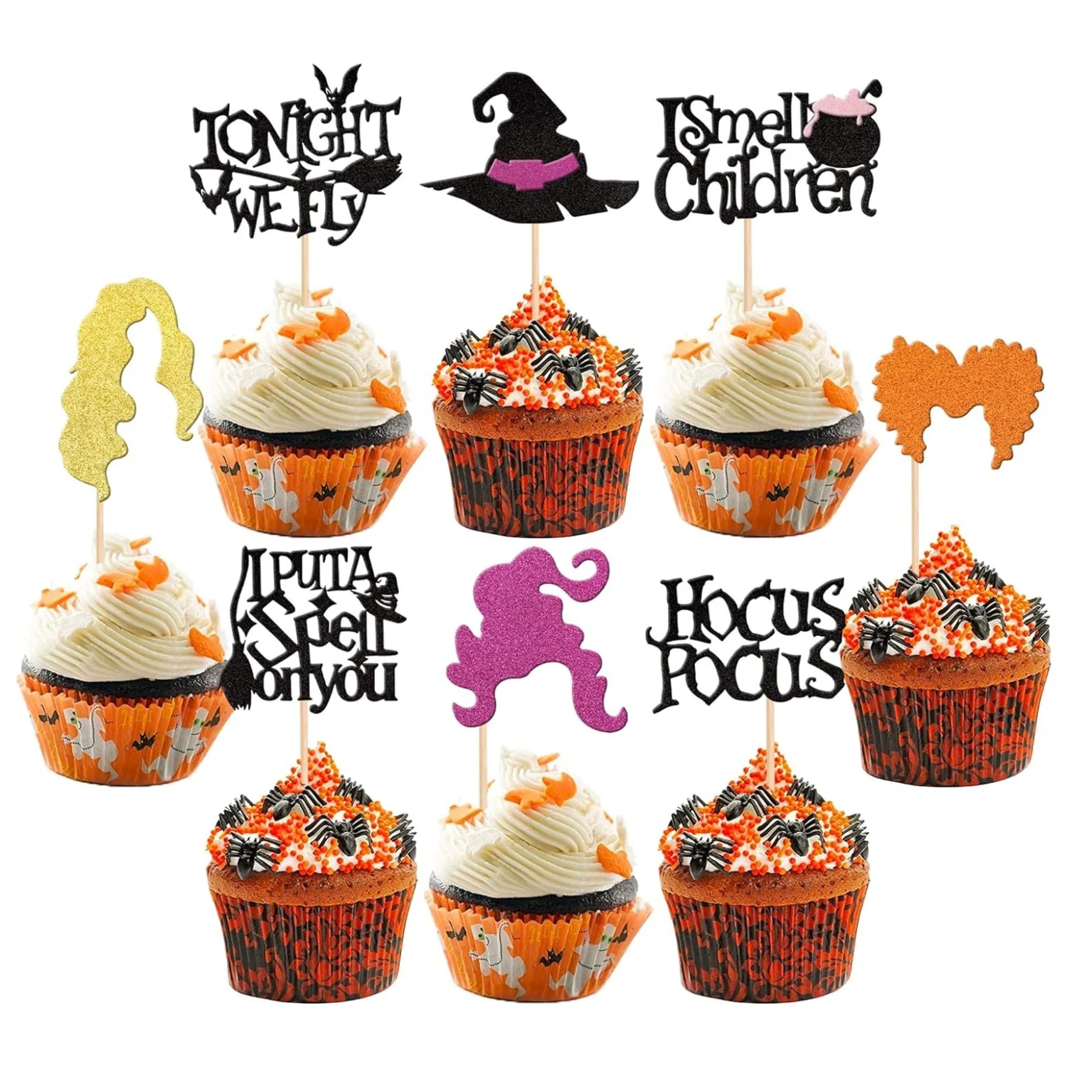 Glitzernder Hexenhaarhut, Halloween-Cupcake-Topper, Kuchendekorationen für Hocus Pocus-Thema, Geburtstagsfeier, Kuchendekorationen