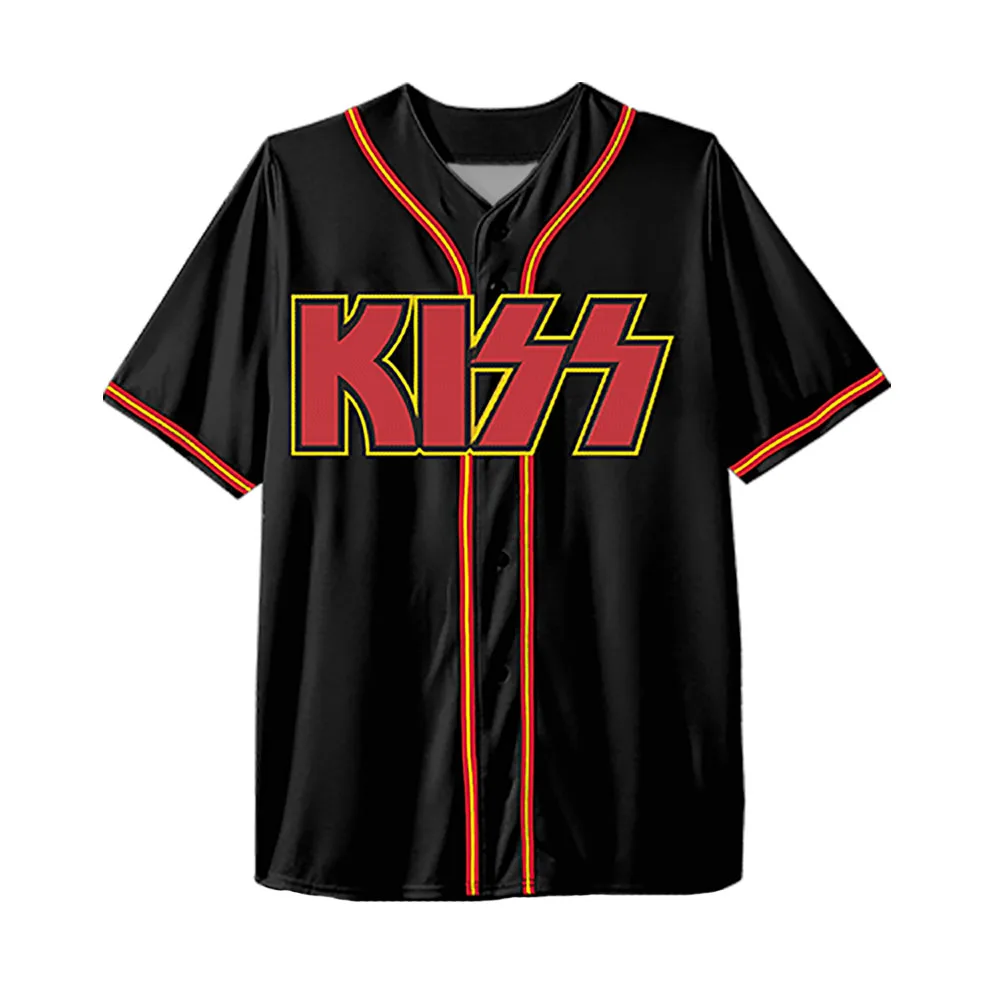 LOVE GUN Baseball JERSEY Band Kiss Heavy Mental Tops Short Sleeve Button Up Male Shirts Summer Unisex Streetwear Printed Merch