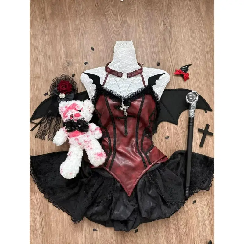 Winter Lolita Y2k Halloween New Two Piece Set Women Vintage Lace Vest+blakc Cake Skirt Female Cosplay Gothic Retro Suit 2024