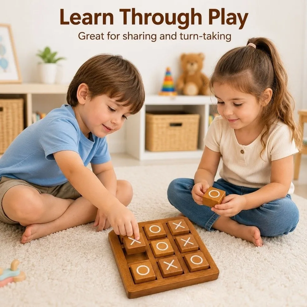 Portable Wooden Tic Tac Toe Wooden Handcrafted Finish Traditional XO Chess Set Training Interactive Design Parent Unisex Game