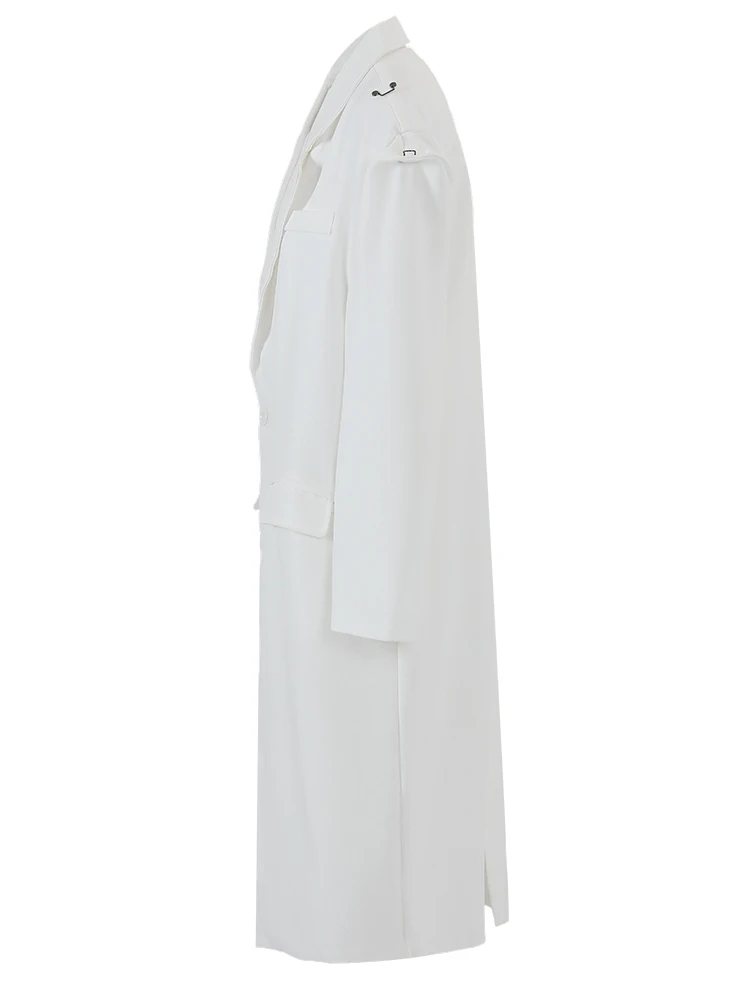 [EAM] Women Black Buckle Big Size Long Trench New Lapel Long Sleeve Loose Fit Windbreaker Fashion Spring Autumn 2024 CPG0715
