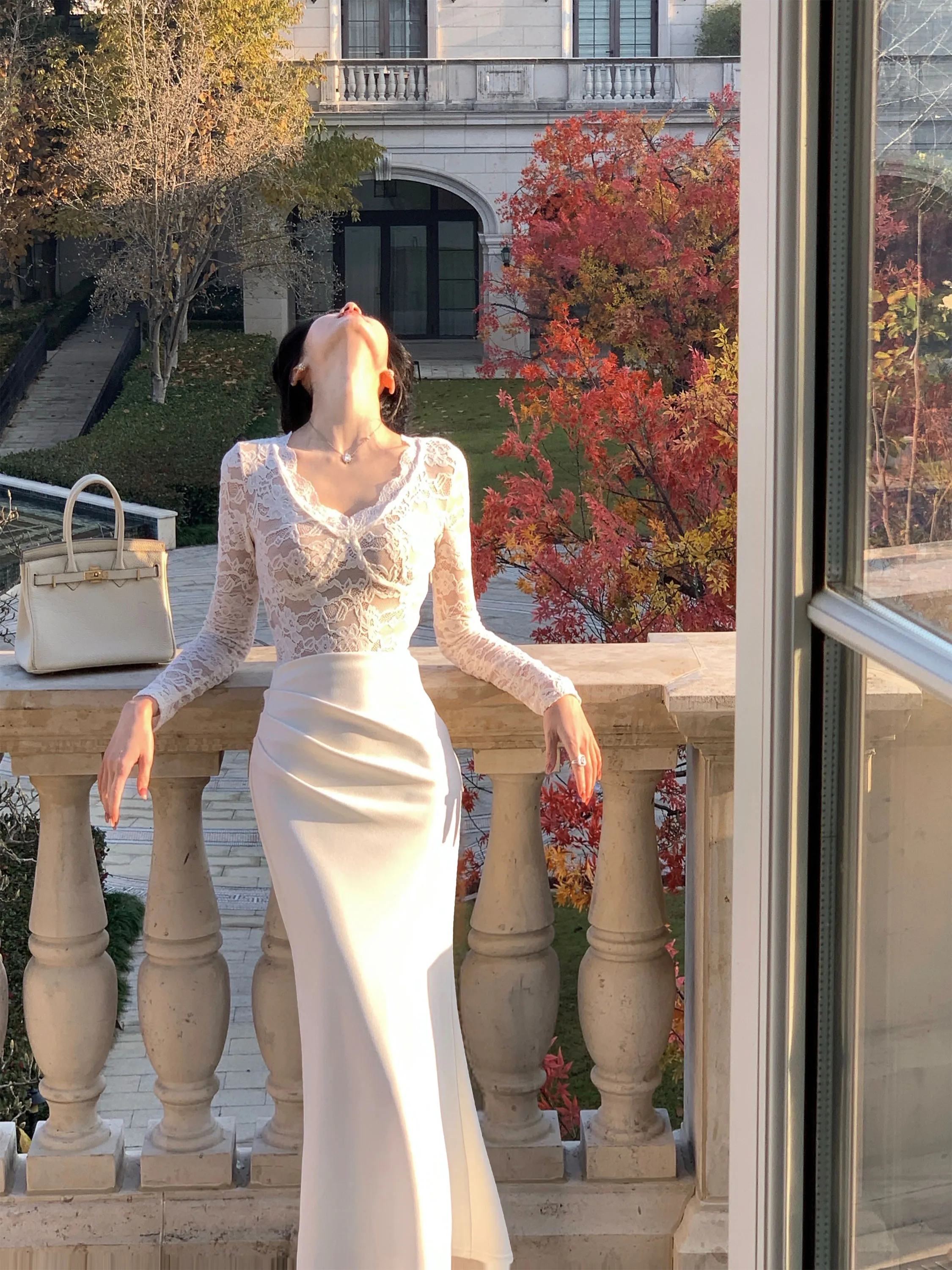 

Sexy Slim Fit Lace Dr V-Ne Fi Tail Skirt Long Sve High Waist Polyester Fiber Night Waltz Series Spring Summer Dr